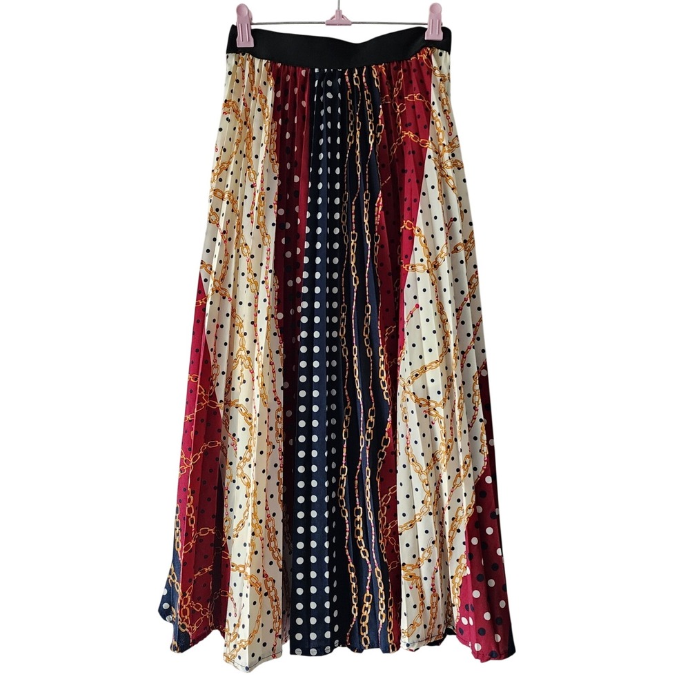 Pleated Skirt Womens OS Multicolor Mixed Print Chain Polka Dot Midi Bohemian